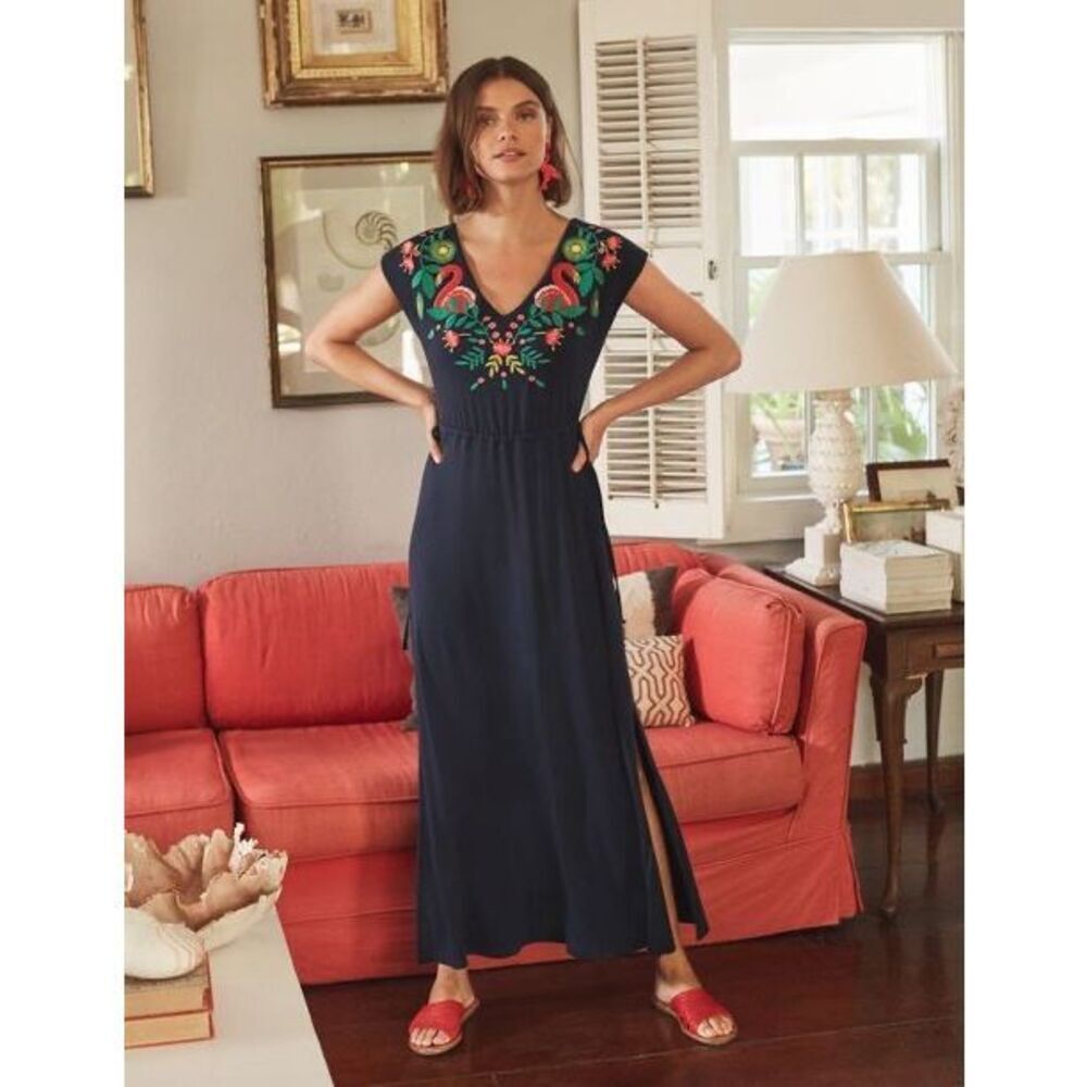 Boden Maxi Midi Dress Embroidered Short Sleeve Navy 4 - Picture 2 of 12